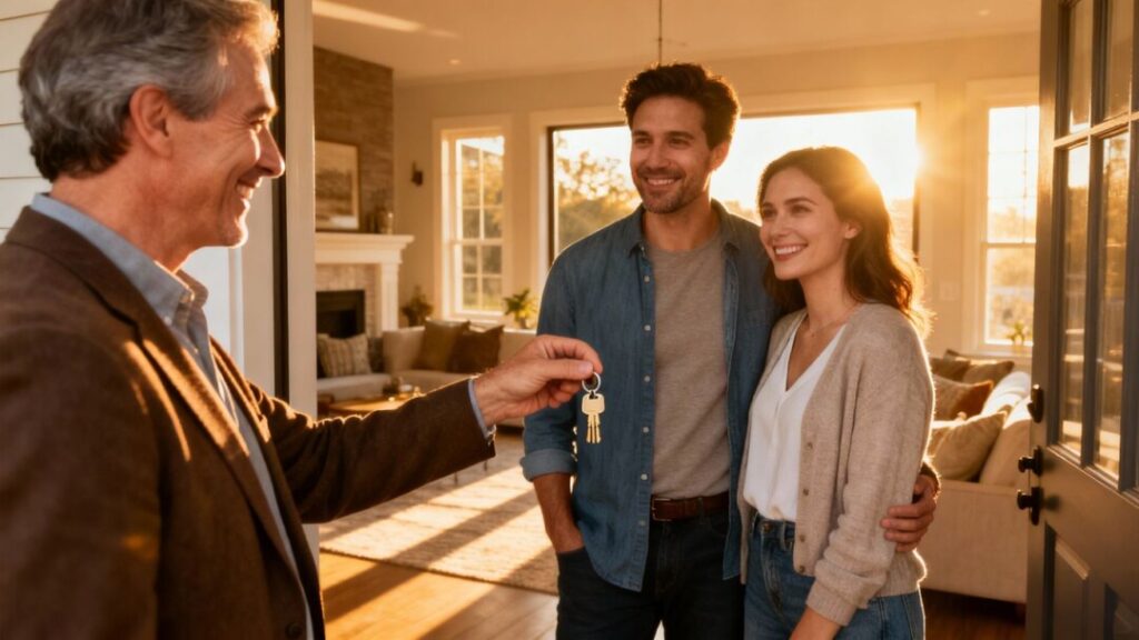 Happy couple receives house keys from seller.