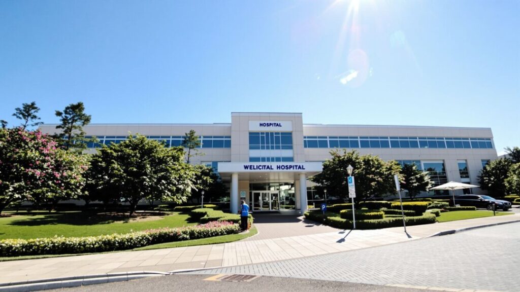 Modern hospital building with green landscaping under a blue sky.