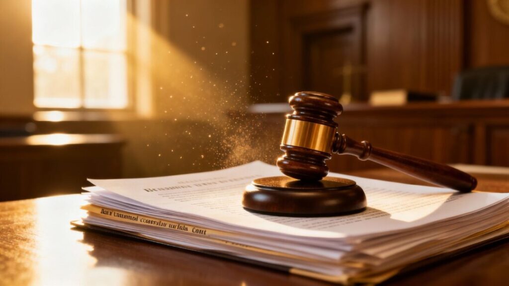 Gavel on legal documents with courthouse background.