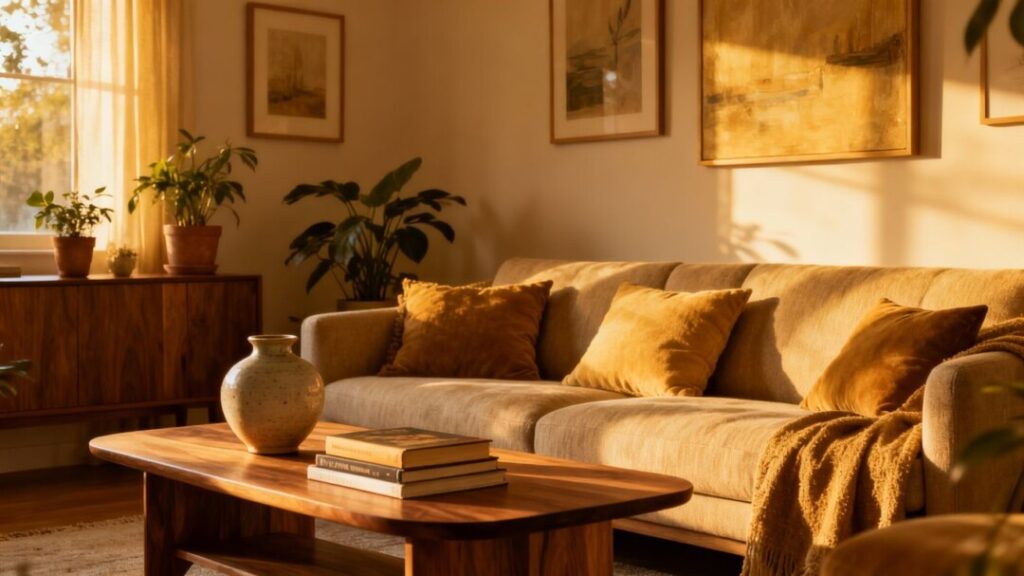 Cozy living room with stylish furniture and warm lighting.