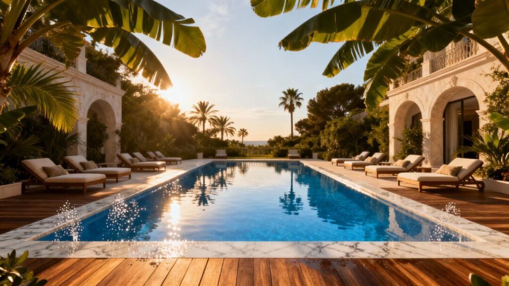 Chic Riviera-inspired pool deck at Elle Residences Miami.