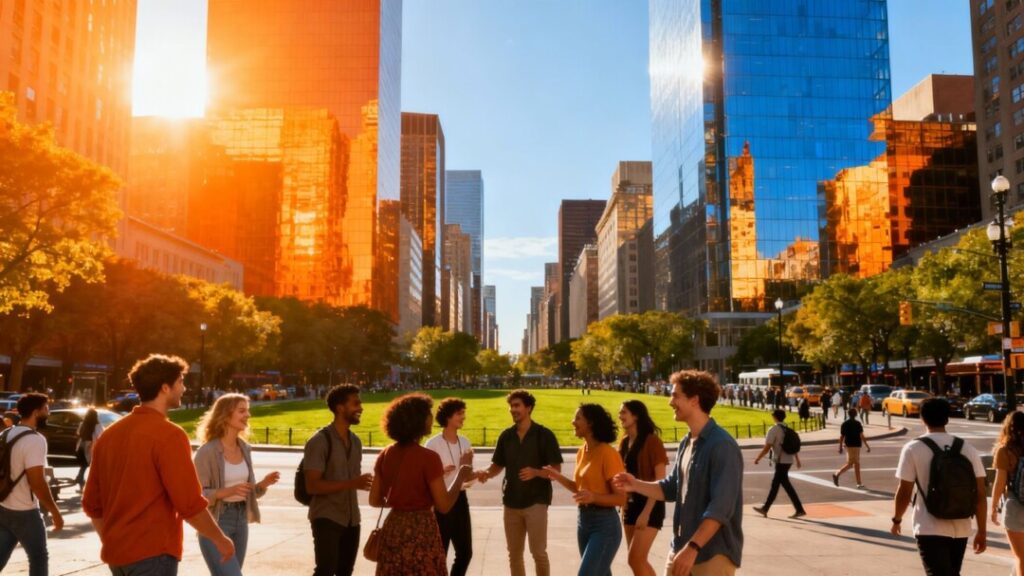 Cityscape with happy people and thriving businesses.