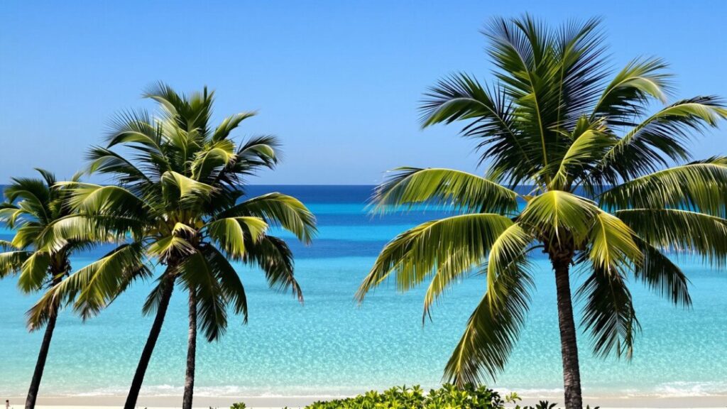 Florida coastline with palm trees and blue ocean water.