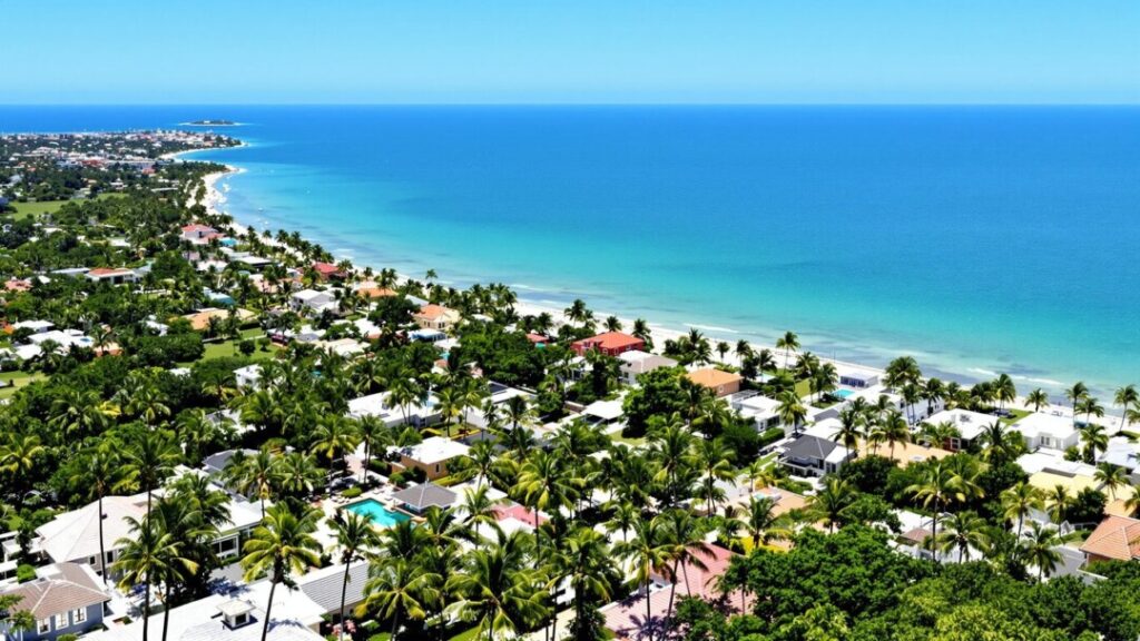 Florida coastline with luxury homes and palm trees.