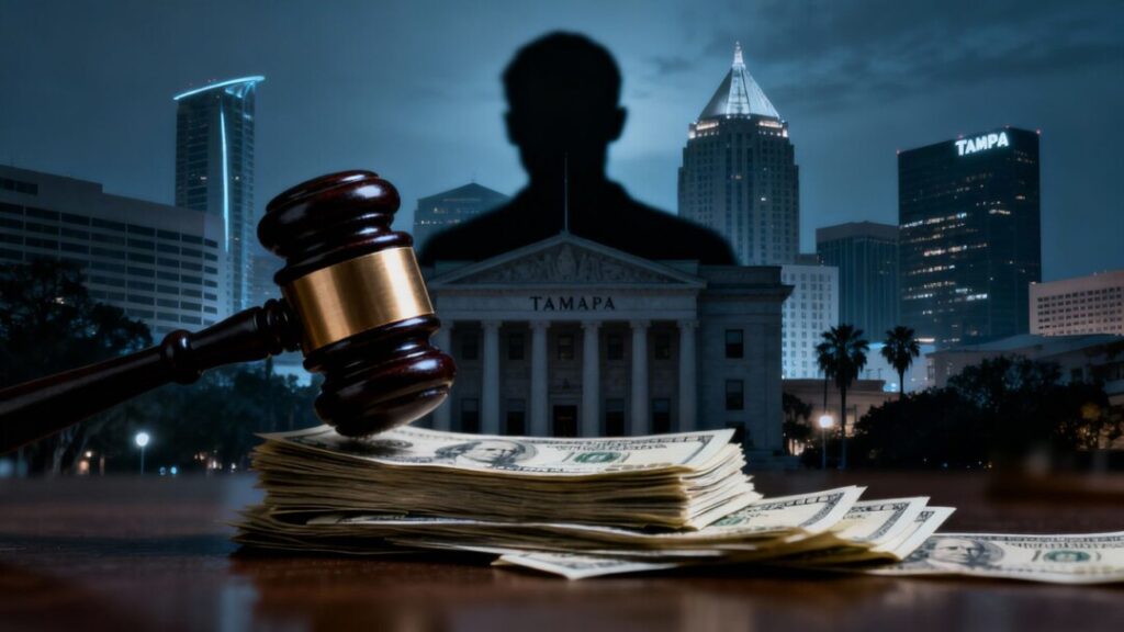 Gavel, money, courthouse, Tampa skyline, shadowy figure.