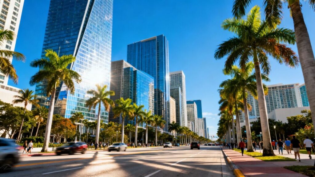 South Florida cityscape with skyscrapers and palm trees.