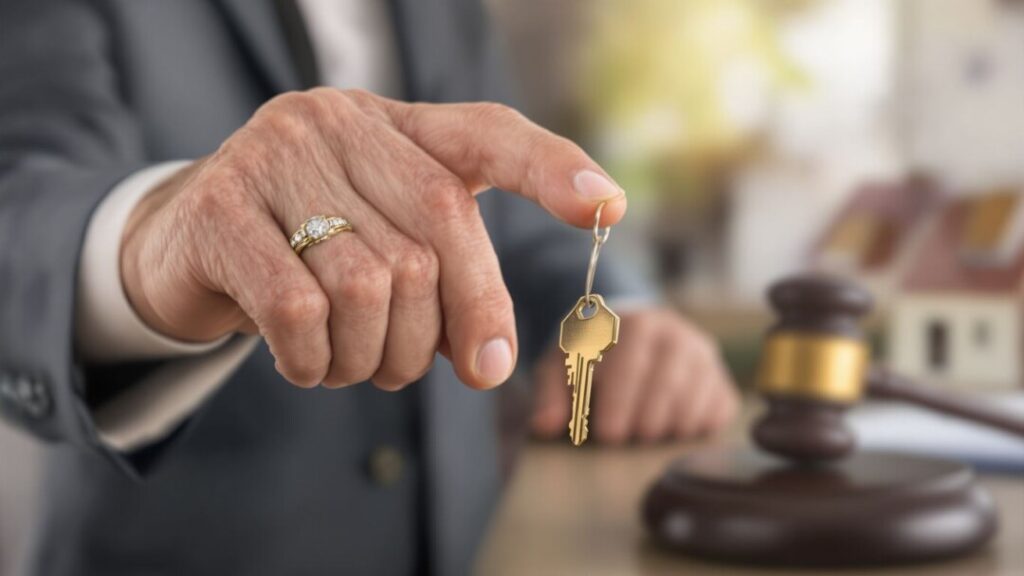 Elderly hand reaching for house key, gavel in background.