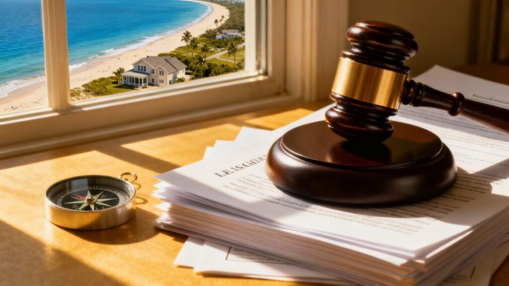 Gavel on documents with Florida coastline and compass.