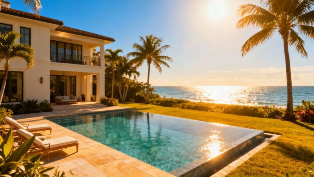Luxury Miami Beach mansion with pool and ocean view.