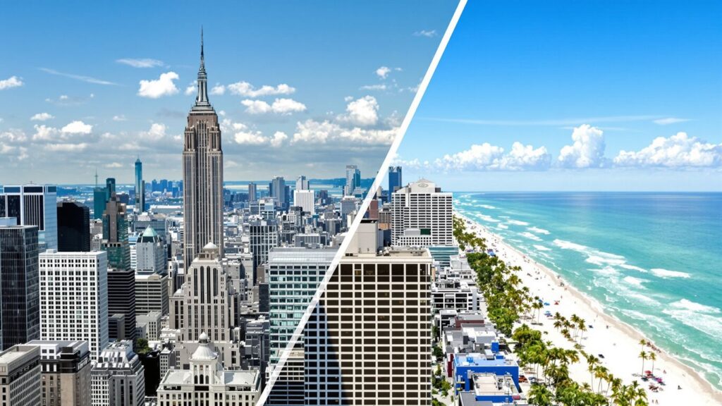 New York skyline merging with a sunny Florida beach scene.