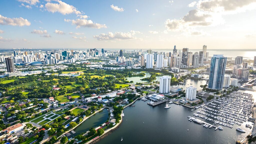 Modern cityscape with skyscrapers and waterfront development.