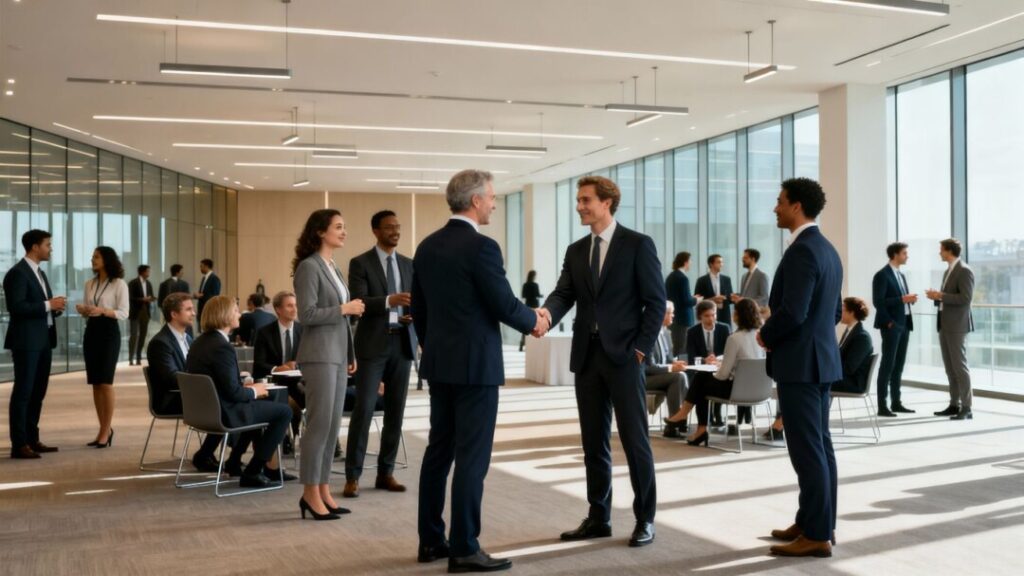 Real estate professionals networking at a pre-construction summit.