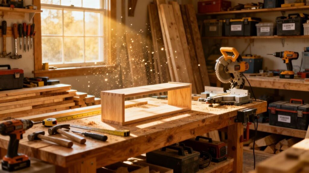 Organized home workshop with tools and woodworking project.