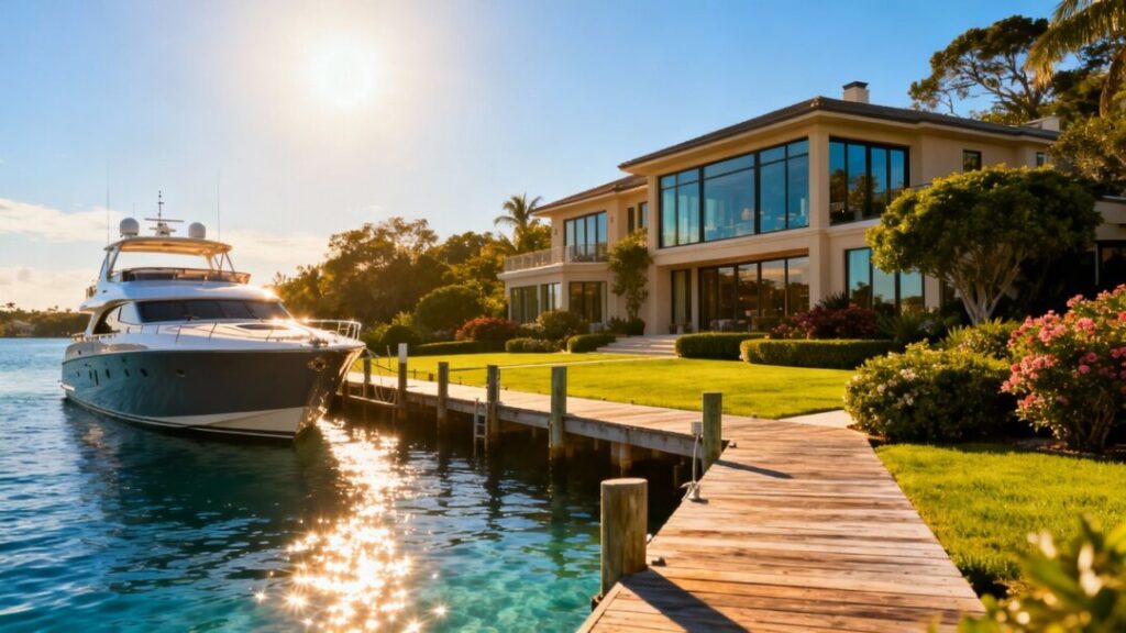 Luxury waterfront estate with private dock and boat.