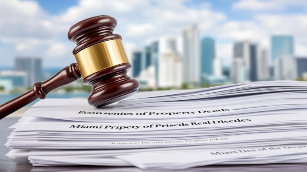 Gavel striking deeds with Miami skyline backdrop.