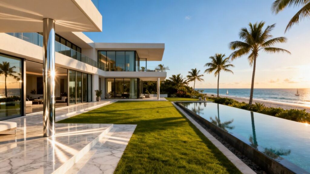 Luxury home with green lawn and blue sky.
