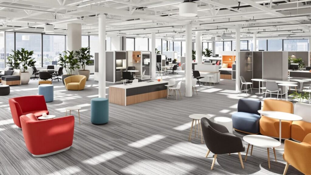 Diverse office spaces with varied seating and workstations.