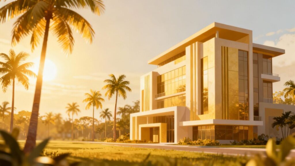 Florida business building with palm trees and sun.