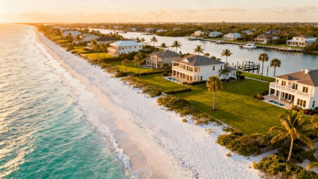 Sunny Florida beach with luxury homes and palm trees.