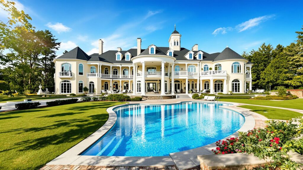 Luxury mansion with pool on sunny day.