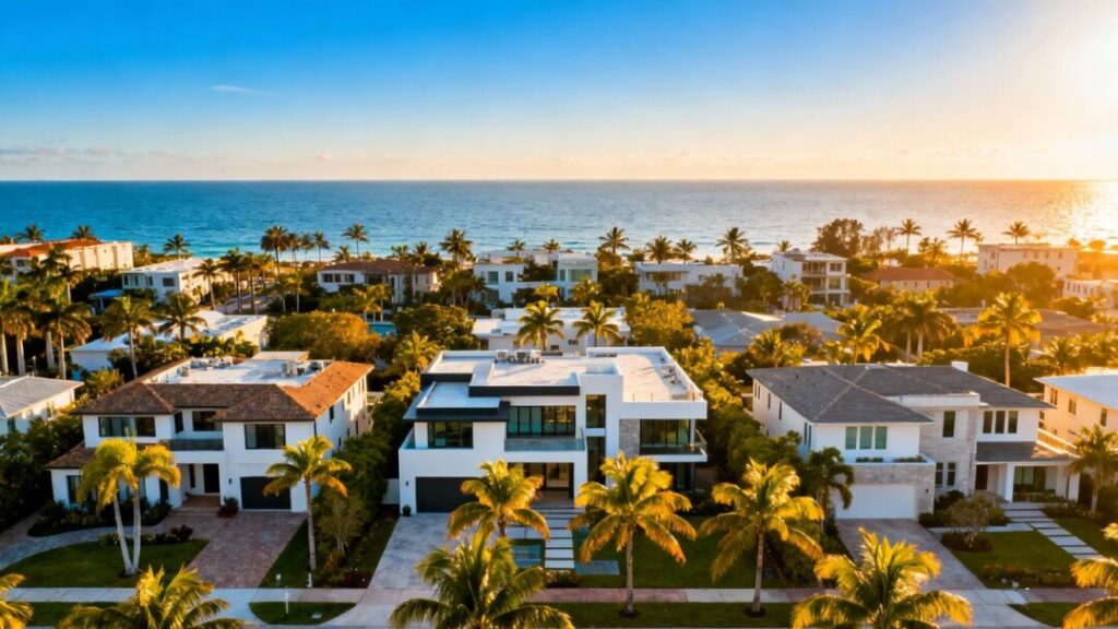 South Florida cityscape with homes and ocean.