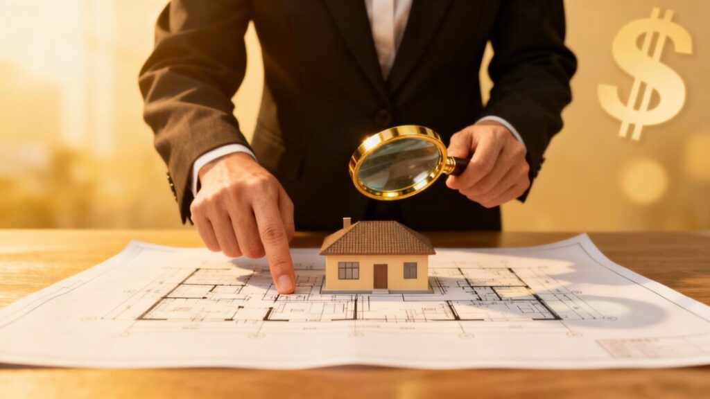 Realtor examining house plans with a magnifying glass.