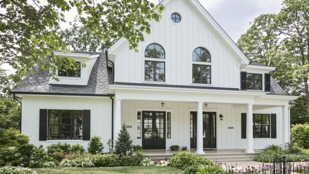 Modern farmhouse estate with white exterior and green landscaping.