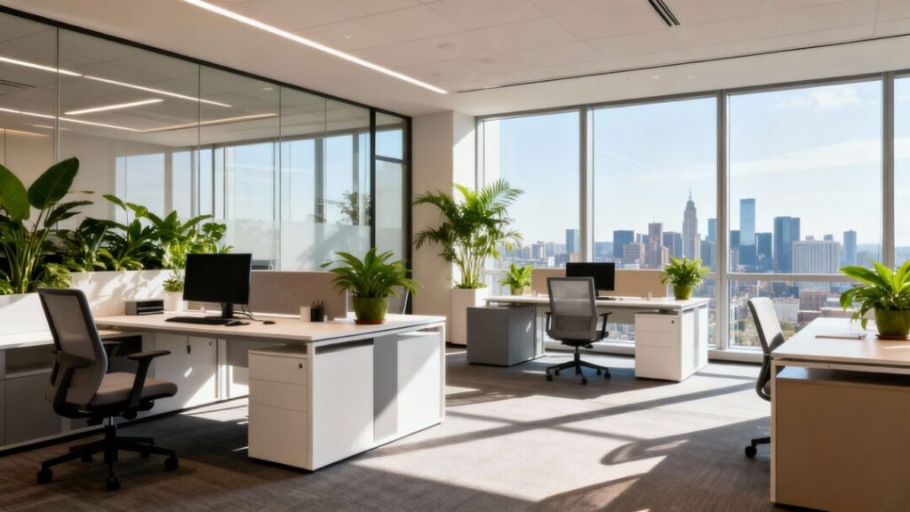 Modern office space with natural light and plants.
