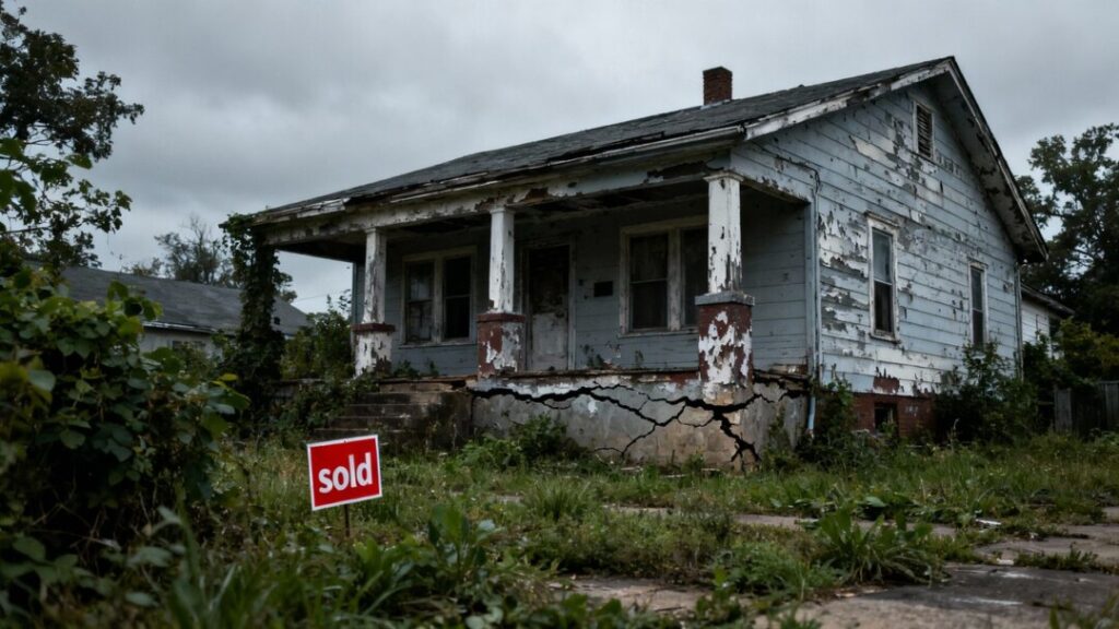 House with cracked foundation and peeling paint.