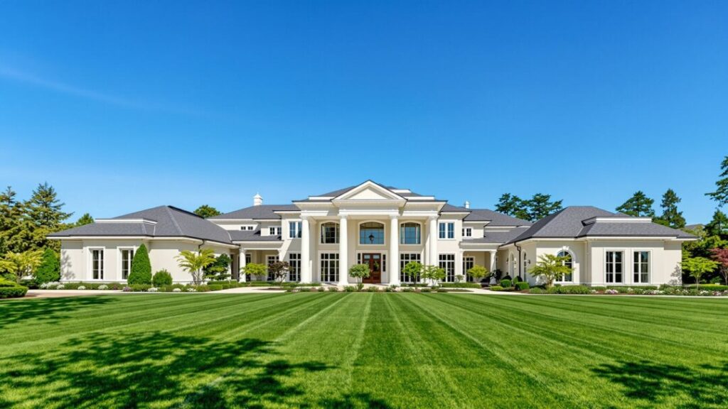 Luxury home with manicured lawn and blue sky.