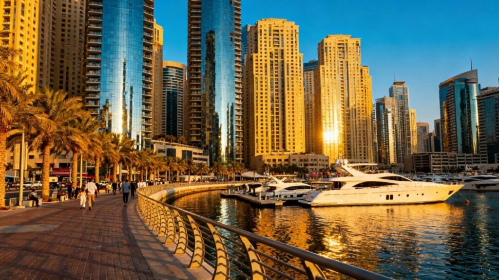 South Florida skyline with luxury yachts and palm trees.