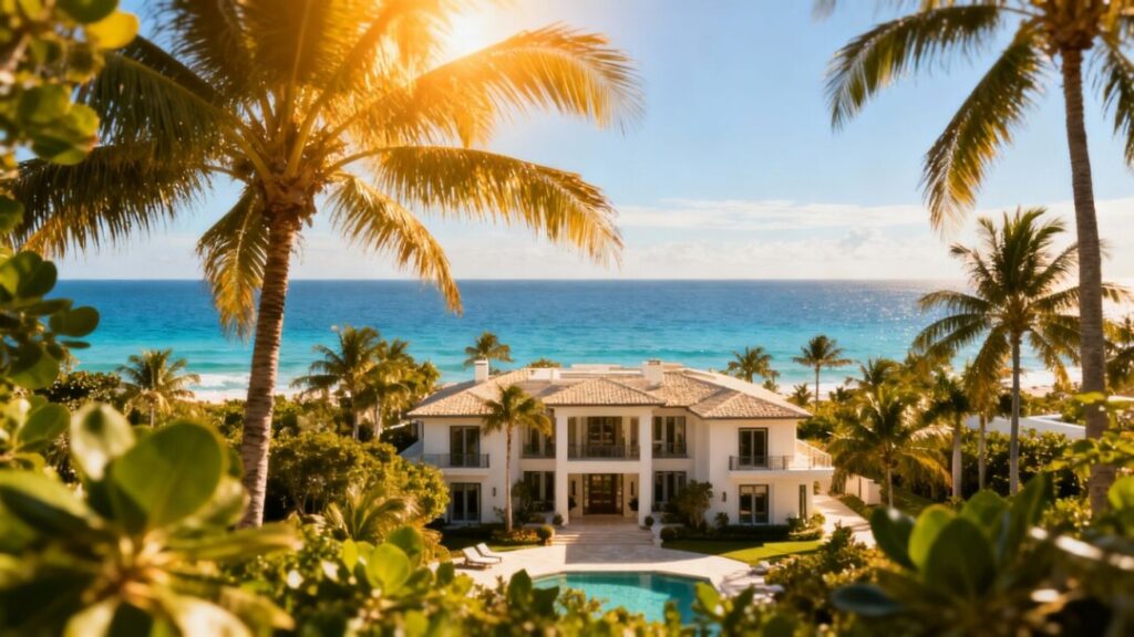 Miami Beach mansion with ocean view and palm trees.
