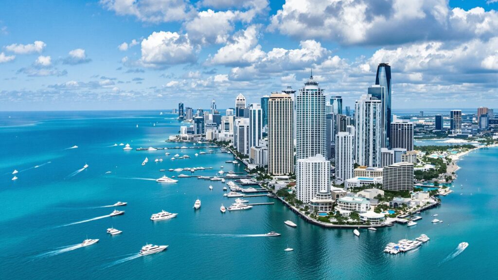 Miami waterfront mansions and skyscrapers with yachts.