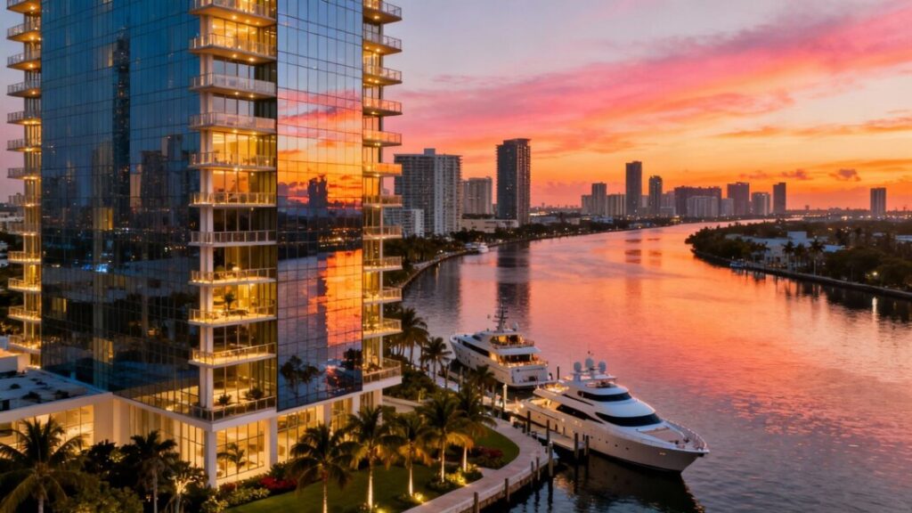 Miami skyscraper construction overlooking river at sunset.