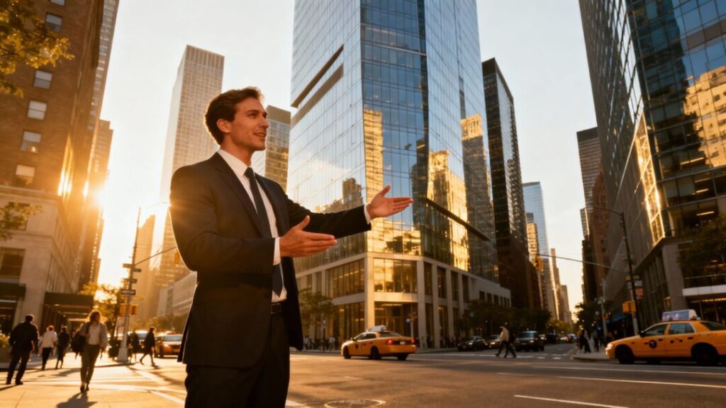 Real estate agent in city, pointing to skyline.