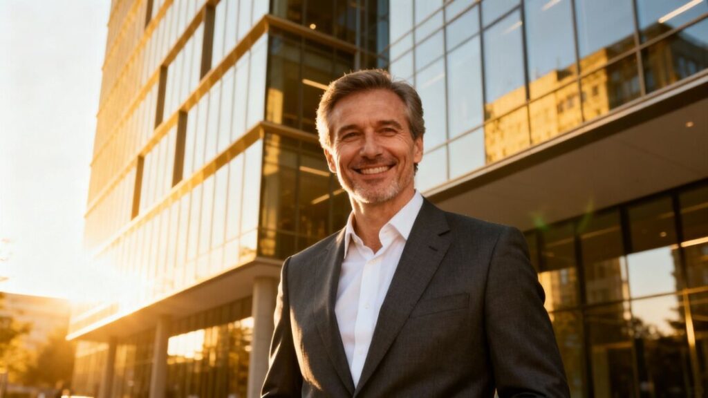 Man in suit smiling in front of building.