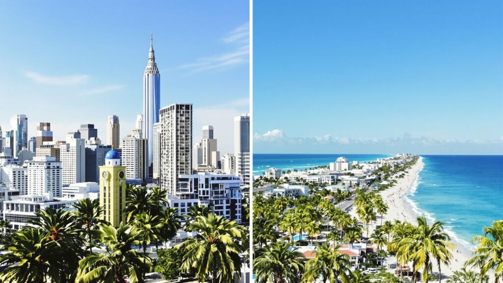 NYC skyline morphs into sunny Florida beaches and luxury homes.