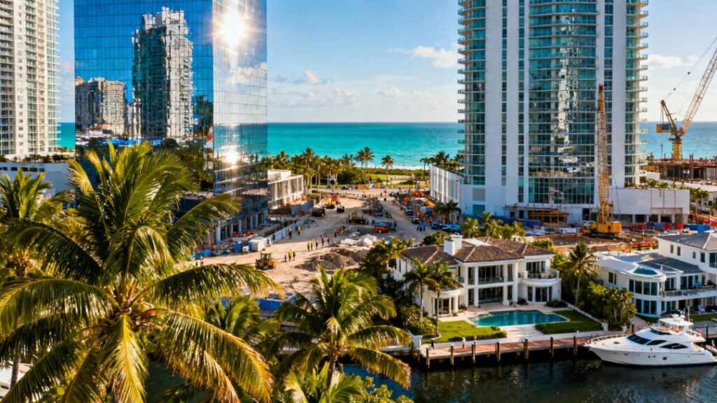 South Florida skyline with skyscrapers and ocean.