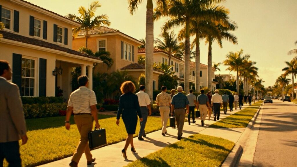 West Palm Beach homes with people walking.