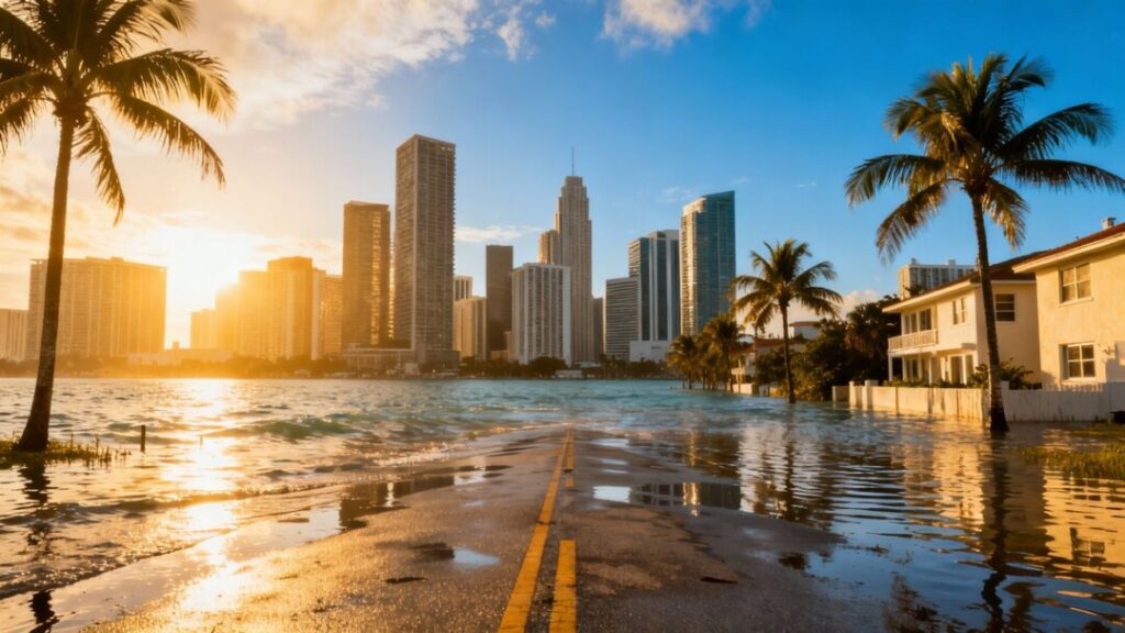 Miami skyline with flooded streets and palm trees.