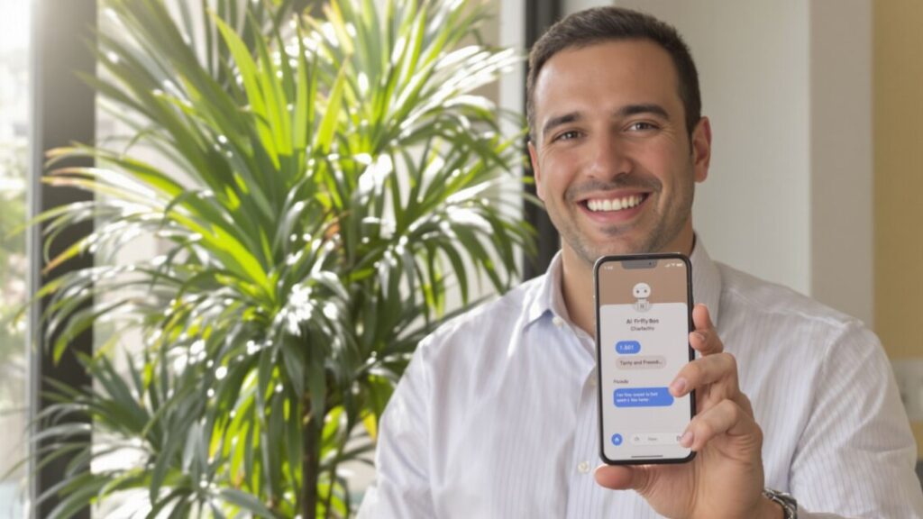 Florida agent with AI chatbot on phone.