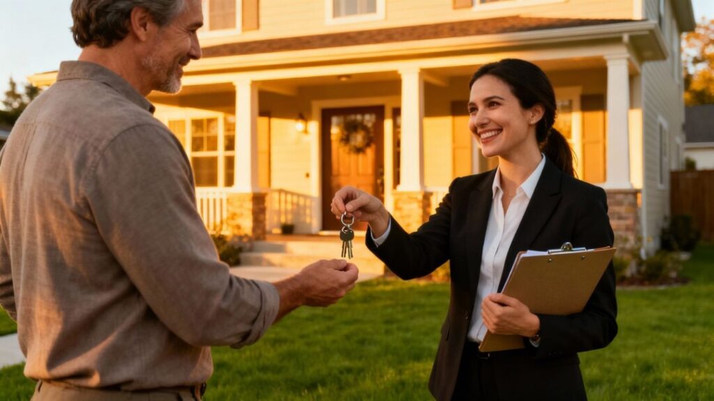 Homeowner giving keys to real estate agent.