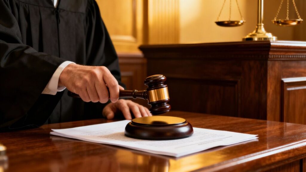 Judge's gavel striking a legal document in courtroom.