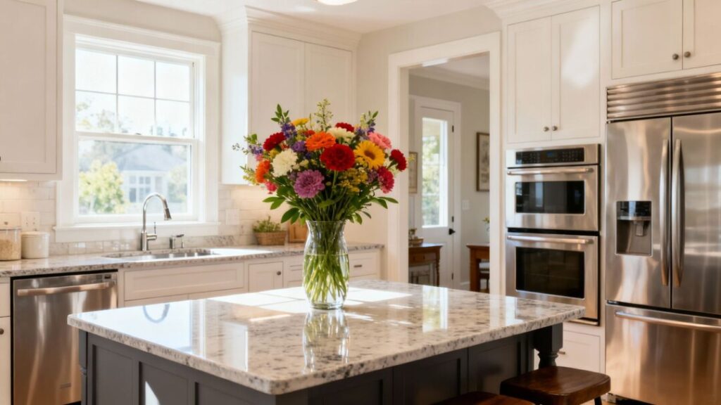 Modern kitchen with bright sunlight and fresh flowers.