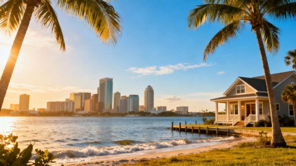 Tampa skyline and a house for first-time buyers.