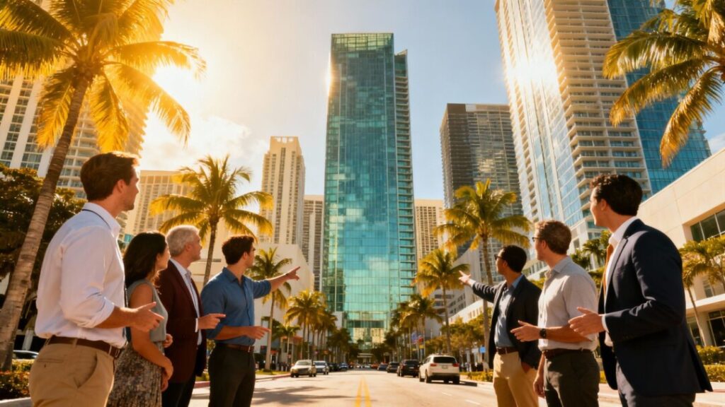 Miami skyline with investors discussing real estate.