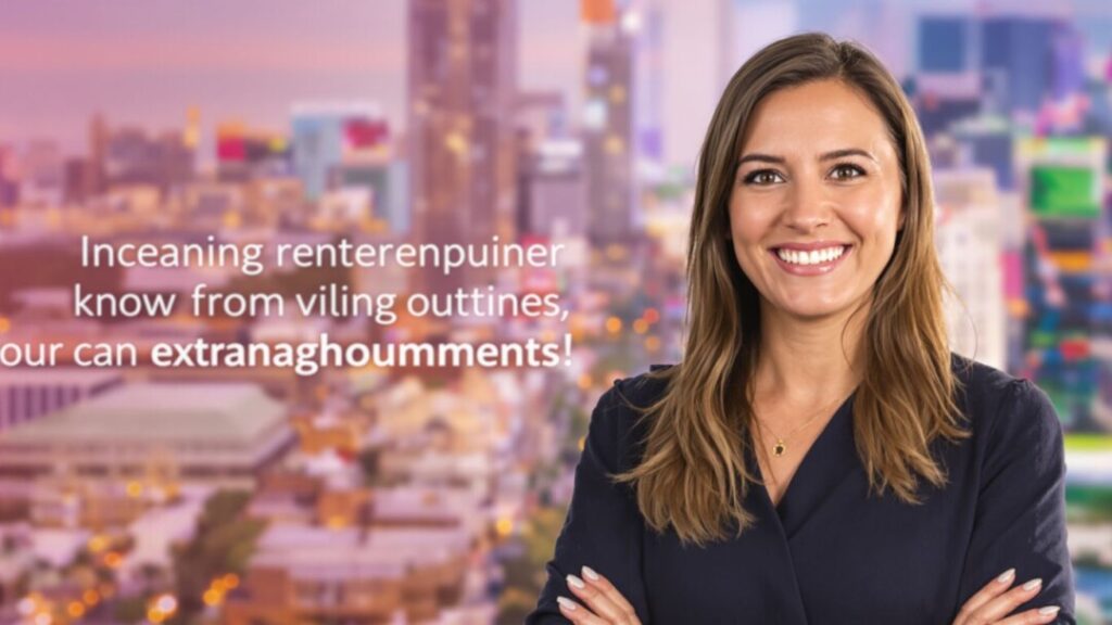 Woman smiling, cityscape background, entrepreneurial journey.