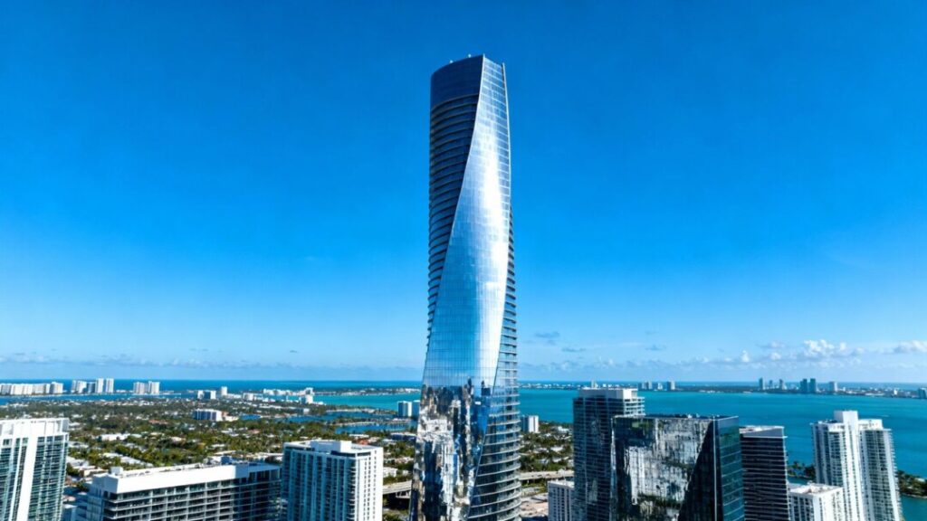 Miami skyscraper with unique twisting design.
