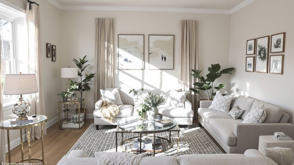 Modern living room with updated furniture and decor.