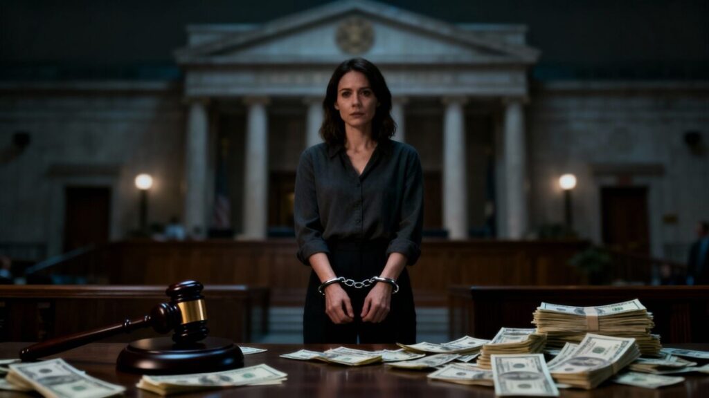 Woman accused of real estate fraud with money and gavel.